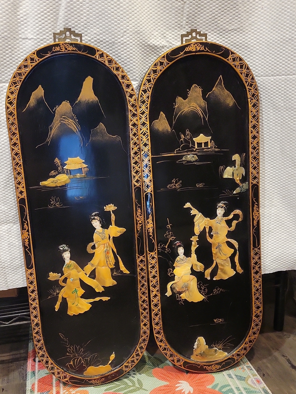 Asian Geisha Laquer 2 Panels,Very Old! Stunning/ Mother Of Pearl Antique